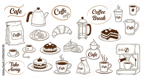 Hand drawn sketch of coffee shop elements including cups, cakes, and coffee machine