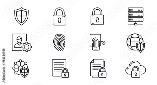 Cyber security and data protection line icon set