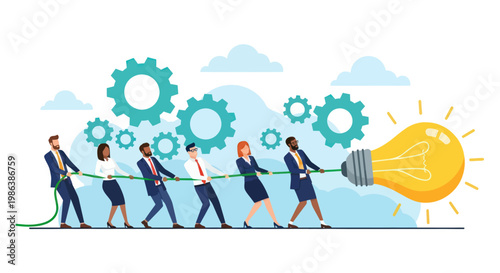 Diverse business team pulling a light bulb together representing innovation and collaboration