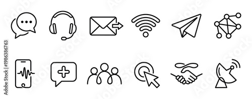 Diverse collection of black outline communication and network icons are neatly arranged, depicting various digital interactions, support, and connectivity concepts with a clean, modern aesthetic