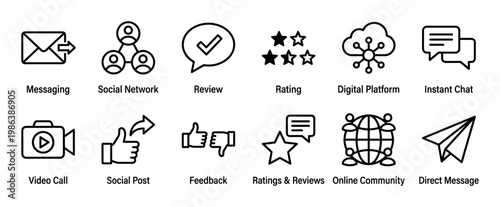 Twelve black outline digital communication icons are neatly arranged in a grid, representing various online interactions, social media, and feedback concepts with a modern, clean design