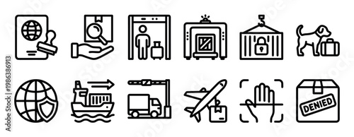 Twelve black outline icons representing customs, shipping, and security processes are neatly arranged, showcasing various aspects of global logistics and border control in a clear, modern vector style