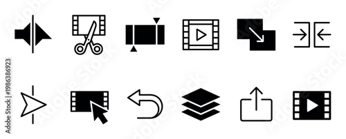 These twelve black and white video editing icons represent various media playback and user interface actions, presented in a clean, modern, and minimalist style