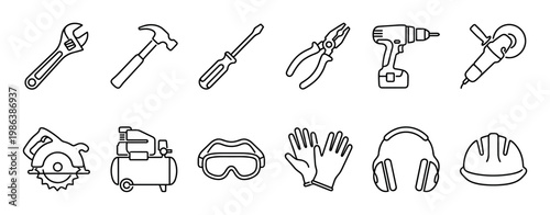 Comprehensive collection of outline construction and safety tools, including a wrench, hammer, drill, saw, hard hat, and gloves, presented as clean, minimalist icons