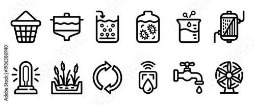 Twelve distinct black outline icons illustrating water purification, filtration, and treatment processes, featuring filters, UV sterilization, and recycling