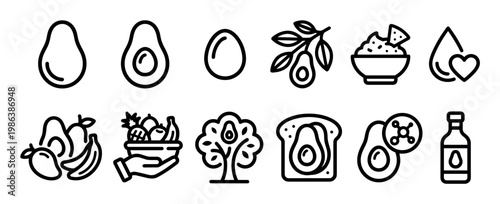 Twelve black outline avocado and healthy food icons illustrate the fruit's forms, including whole, half, pit, branch, guacamole, oil, mixed fruit, tree, toast, and molecular representation