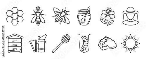 Collection of black outline beekeeping and honey icons, featuring bees, honeycomb, beehive, honey jar, beekeeper tools, and flowers, all rendered in a simple, continuous line art style