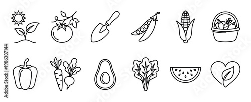 Various line art vegetable and gardening icons are neatly arranged, showcasing fresh produce, healthy eating, and cultivation tools in a clean, minimalist outline style