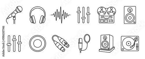 Comprehensive collection of audio recording studio equipment icons is presented in a clean, minimalist outline style, depicting various tools for music production and sound engineering