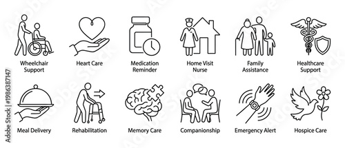 Comprehensive set of twelve black outline icons illustrating various senior care, home assistance, and medical support services, presented in a clean, modern, and easily recognizable pictogram style
