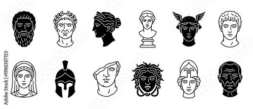 Ancient Greek and Roman busts and figures are depicted in a stylized black and white icon set, showcasing various historical and mythological characters with distinct features and expressions