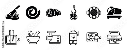 This collection of black and white meat-related icons illustrates various aspects of butchery, cooking, and food preparation in a clean, graphic style