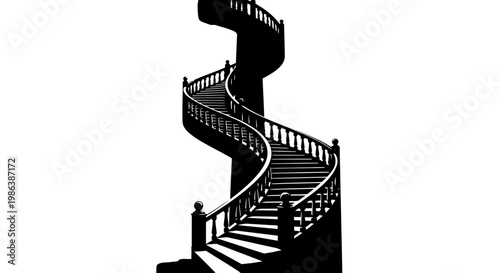 Black spiral staircase silhouette on white background, endless steps, abstract concept