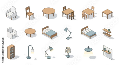 Bild auf Leinwand An illustration of various furniture pieces arranged neatly in an interior setting with beds, tables, chairs, lamps, and wardrobes