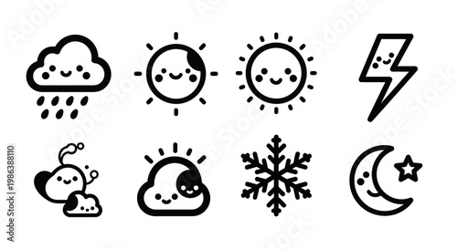 Weather icons depict smiling cloud with rain, sun, lightning, snow, and moon with star on a white background