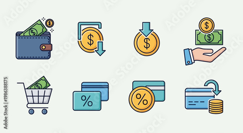 Set of Financial and Banking Icons for Digital Payments and Shopping