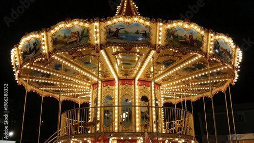 The merry-go-round spins slowly at night, glowing with lights. People watch and enjoy the atmosphere at the funfair. Music plays in the background Generative AI