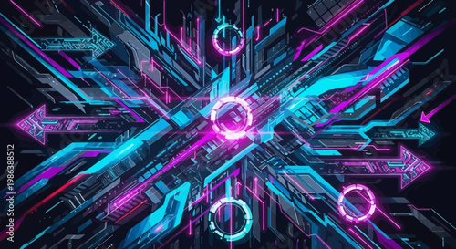 Abstract Cyberpunk Digital Circuitry Background with Neon Arrows