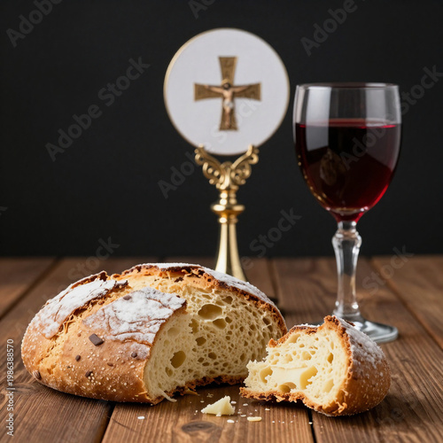 A round bread is cut on a wooden table beside a chalice filled with red wine and a religious symbol in a lit setting, showing elements of a ceremony Generative AI