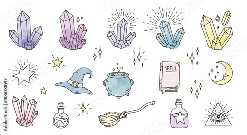 Witchcraft and Magic Doodle Set with Crystals and Mystical Symbols