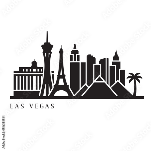Las Vegas skyline icon in simple black silhouette style, featuring minimal and clean shapes of iconic buildings and landmarks. Designed as a flat vector with solid black color, no extra details or typ