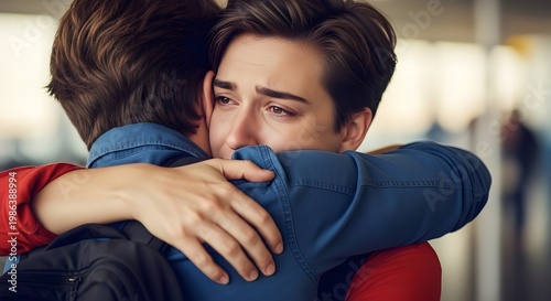 Emotional reunion, two men embracing with tears of joy and relief at an airport terminal.