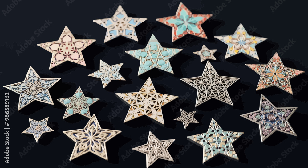 Obraz premium Collection of Decorative Geometric Star Ornaments on Black Background