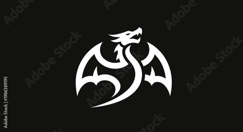 Minimalist White Dragon Logo Icon on Black Background