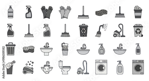 Collection of flat design icons for household cleaning and hygiene.