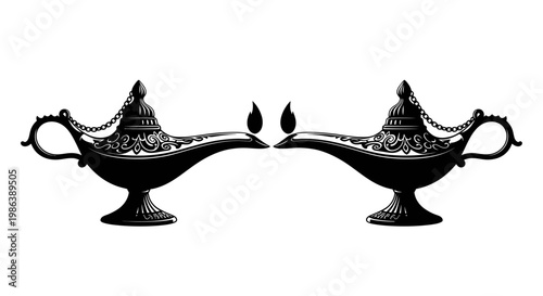 Two ornate magic lamps with flames facing each other