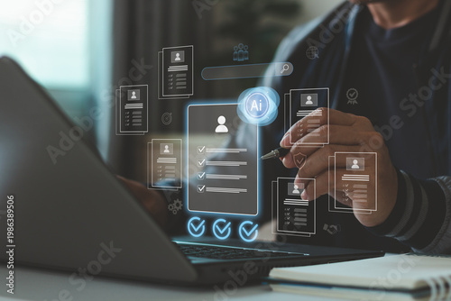 Foto AI recruitment technology with digital resume screening and candidate selection interface on laptop, showcasing human resources automation, talent acquisition, data analysis and smart hiring process