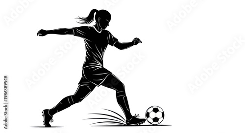 Silhouette of a female soccer player kicking a ball