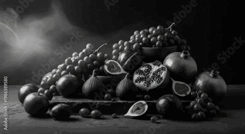 Monochromatic Still Life with Assorted Fruits and Grapes
