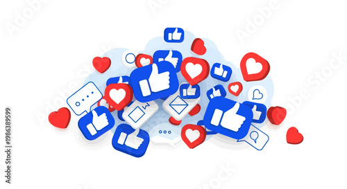 Pile of social media like and heart icons floating on white background