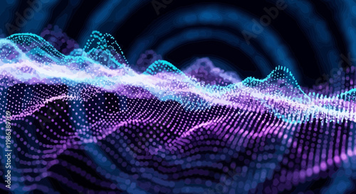 Abstract Digital Wave Background with Glowing Particles and Neon Light Lines