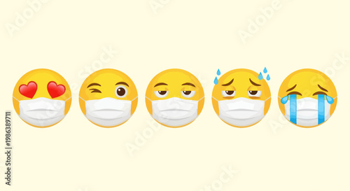 Emoji faces wearing protective masks show different emotions.