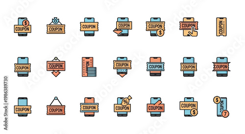 Set of Digital Coupon and Mobile Discount Icons