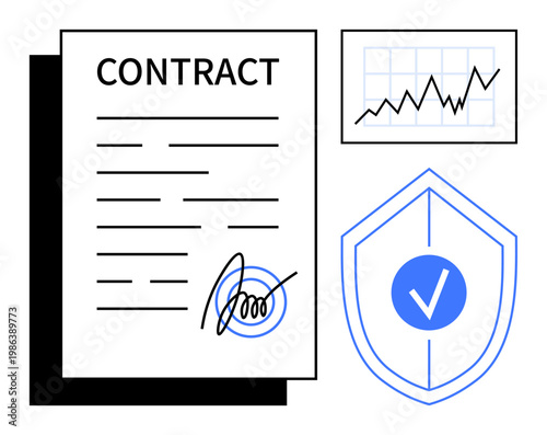 Business contracts, legal documentation, risk management, data security, authorization processes, financial growth. A contract document, security shield with checkmark and growth chart. Legal