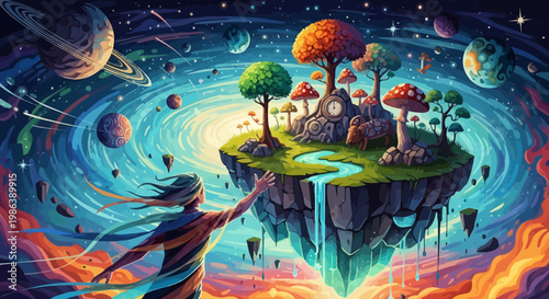 Surreal Floating Island Fantasy World with Cosmic Galaxy Background