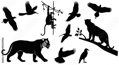 Set of Wild Jungle Animal Silhouettes Including Tiger Monkey and Birds