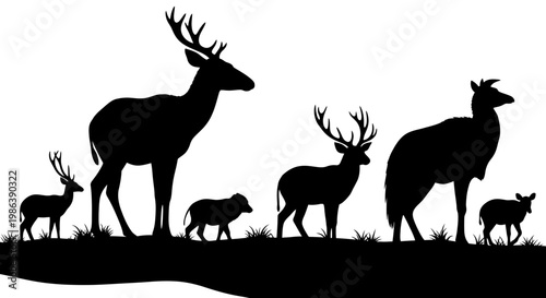 Black Silhouette of Deer Family Herd in Nature