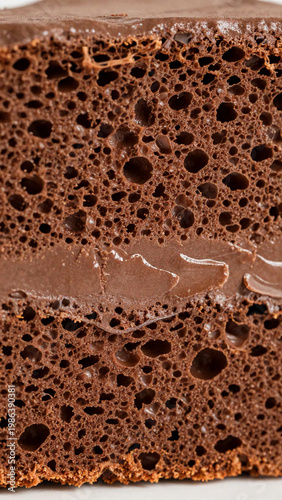Slice of chocolate sponge cake is detailed with a layer of melted frosting. The rich texture shows bubbles and softness. Perfect choice for dessert any time Generative AI