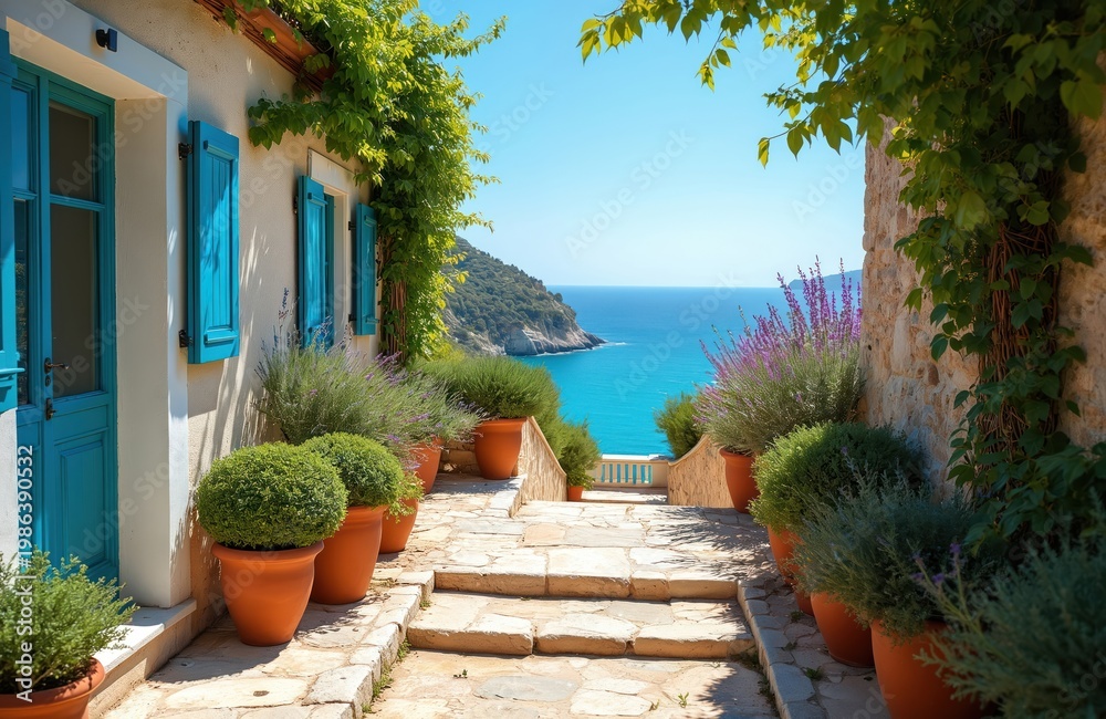 Obraz premium Terrace with potted plants overlooks blue sea and sky. Stone stpic lead down path, green ivy climbs wall. Bright sun shines on tranquil Mediterranean home exterior.