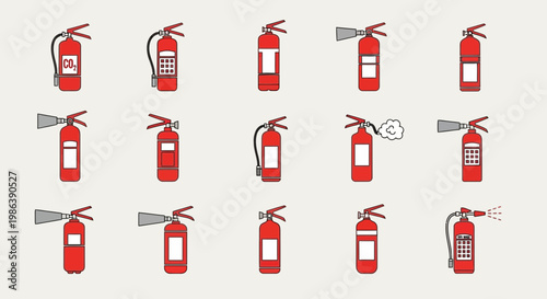 Set of Red Fire Extinguisher Icons and Symbols