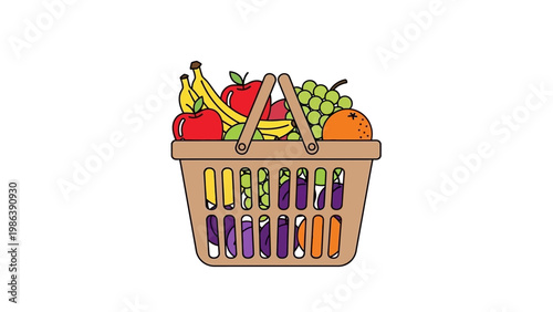 Εκτύπωση καμβά Colorful Cartoon Basket Full of Fresh Fruit.