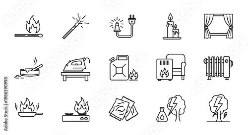 Fire Hazard and Safety Warning Line Icons Set