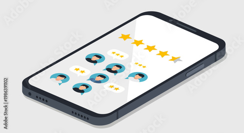 Isometric Smartphone Displaying User Reviews and Customer Feedback Ratings