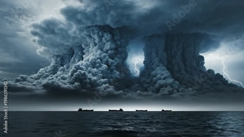 Distant Tankers on Grey Horizon Under Massive Storm Cloud Wall