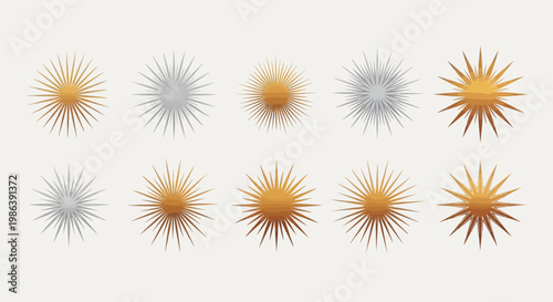Set of Minimalist Sunburst Icons and Radiant Starburst Elements
