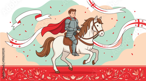 Illustration of a knight on horseback celebrating St. George's Day with a red cape and white horse